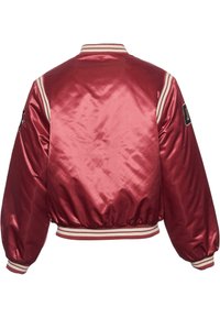 Blouson aviateur en satin rouge avec poignets et col rayés, présentant une texture lisse et une coupe ample. Vue de dos montrant une couleur unie et une finition brillante.