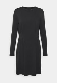 Vestido preto de mangas compridas com decote redondo, detalhes plissados na cintura e uma silhueta ligeiramente evasê. Textura do tecido suave.