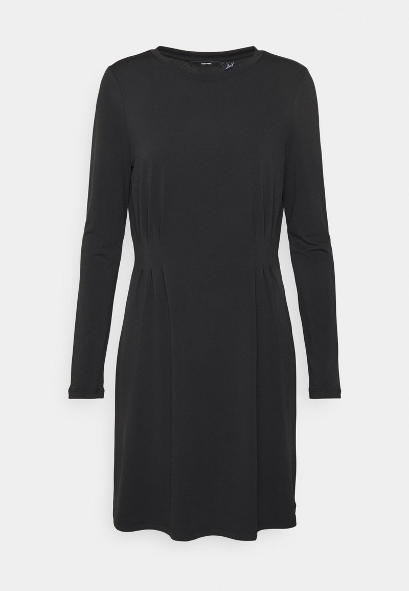 Vestido preto de mangas compridas com decote redondo, detalhes plissados na cintura e uma silhueta ligeiramente evasê. Textura do tecido suave.