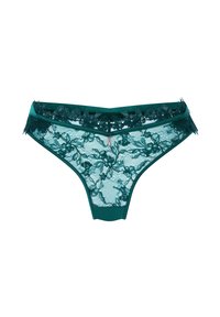 Türkisfarbene Spitze Tanga mit floralen Motiven, halbtransparentem Mesh-Mittelteil und satinierter Taille mit Spitzenakzenten, die ein kleines roségoldenes Detail aufweist.