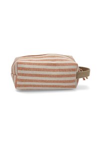Bolsa de maquillaje rectangular en tela texturizada beige con rayas horizontales de color óxido, que cuenta con un asa lateral y cierre de cremallera.