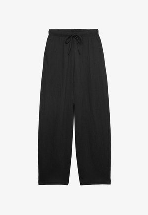 Pantaloni neri a gamba larga realizzati in tessuto texturizzato, con vita elastica e coulisse e tasche laterali.