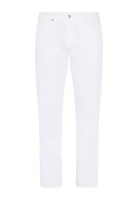 Białe dżinsy o prostym kroju, z przednim zapięciem na guzik i zamek błyskawiczny, dwoma kieszeniami oraz dyskretnymi szwami.