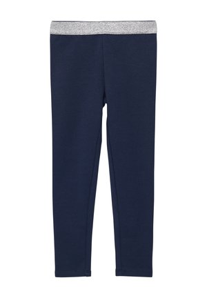 Marineblaue Leggings mit einem silbernen elastischen Bund, die eine glatte Textur und eine taillierte Silhouette bieten. Keine sichtbaren Muster oder Hardware-Details.