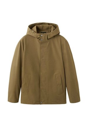 Chaqueta marrón con capucha, botones de presión en la parte delantera y dos bolsillos laterales, hecha de tela suave.