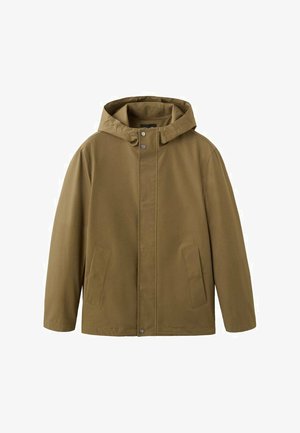 Veste à capuche marron avec boutons-pression à l'avant et deux poches latérales, confectionnée en tissu lisse.