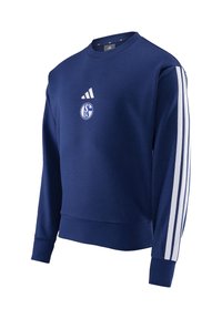 Felpa blu navy con maniche lunghe, polsini e vita a costine. Presenta strisce bianche sui lati e un logo sul petto. Realizzata in tessuto morbido.