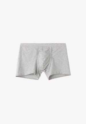 Grijze katoenen boxershorts met een gladde textuur, voorzien van een horizontale gulp en een nauwsluitend ontwerp. Minimalistische stijl zonder patronen.