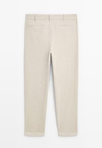 Beige tailored pants with a straight cut, two back pockets, and a smooth texture. Features a classic waistband and cuffed hems.