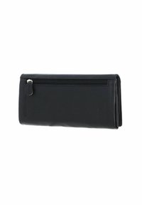 Portefeuille en cuir noir avec un compartiment zippé, design rectangulaire slim, texture lisse et détails de couture subtils le long des bords.