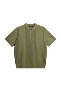 Polo manches courtes vert olive, avec un design à panneaux texturés et trois boutons au col, fabriqué en tissu tricoté.
