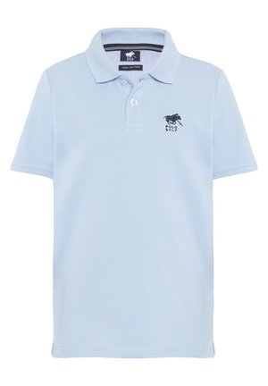 Hellblaues Poloshirt aus Pima-Baumwolle mit Kragen, kurzen Ärmeln und einem gestickten schwarzen Pferdelogo auf der linken Brust.