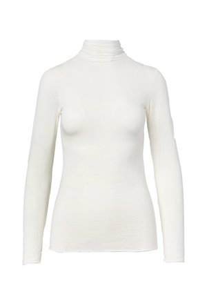 Witte lange mouwen coltrui gemaakt van een zachte, lichte stof. Heeft een getailleerd ontwerp met een geraffineerde hals en een gladde textuur.