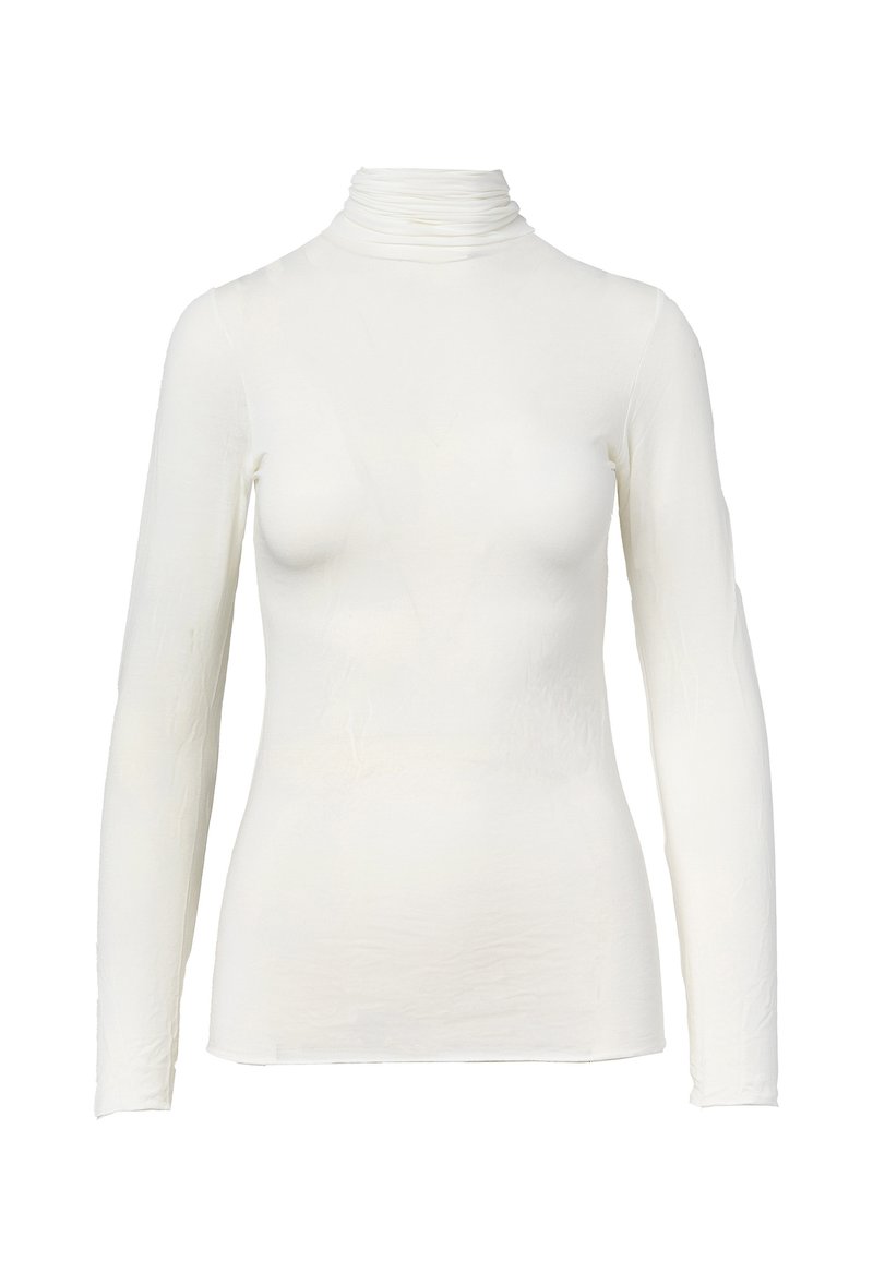Maglietta bianca a maniche lunghe con collo alto realizzata in un materiale morbido e leggero. Presenta un design aderente con collo arricciato e texture liscia.