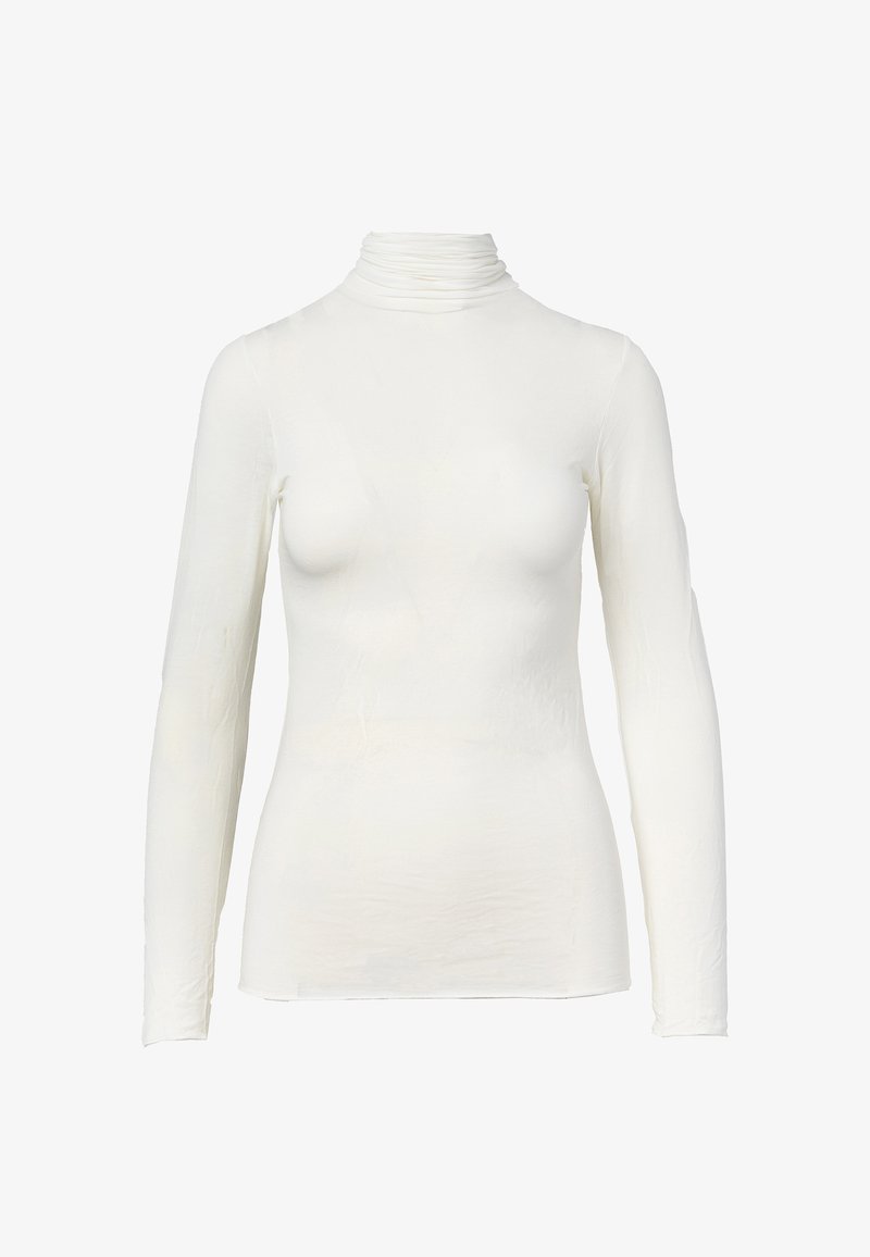 Maglietta bianca a maniche lunghe con collo alto realizzata in un materiale morbido e leggero. Presenta un design aderente con collo arricciato e texture liscia.