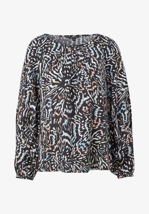Blusa de mujer de manga larga con base negra y patrón abstracto multicolor en azul, blanco, melocotón y beige, con puños fruncidos y escote redondo.