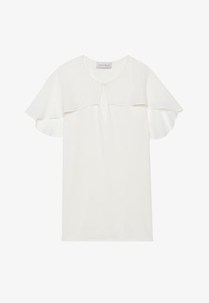 Vitt kortärmat klänning med ett lager av volangdesign vid axlarna, ett nyckelhål öppning vid halsen och en slät tygkänsla.