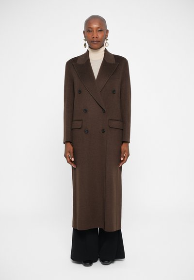 Manteau en laine marron croisé avec des boutons noirs, poches latérales et silhouette longue. Porté sur un col roulé beige et un pantalon noir à jambes larges.