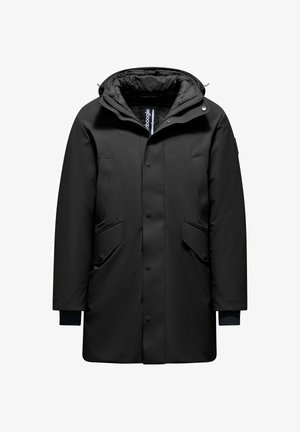 Black insulated parka with a hood, featuring snap closures, two front pockets, and ribbed cuffs. Smooth, water-resistant fabric.