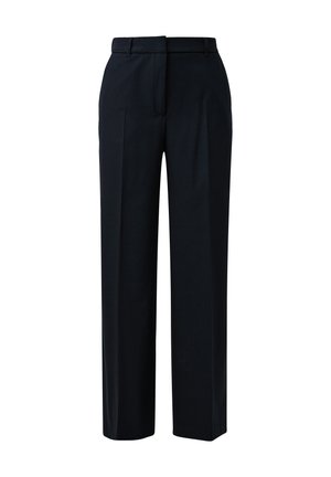 Black tailored straight-leg trousers with front pleats and belt loops, displayed against a white background.