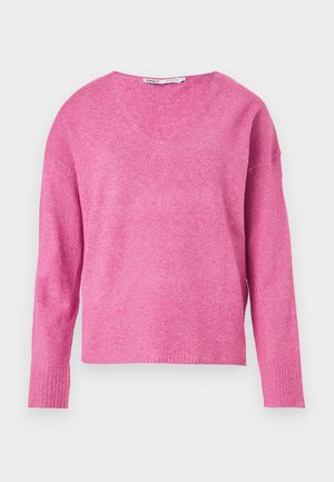 Pink knitted sweater with a V-neck, long sleeves, ribbed cuffs, and a soft texture. The design features a slightly loose fit.