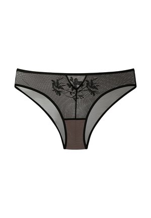Black mesh thong featuring floral embroidery at the front, black trim, and a solid brown back panel for contrast and shape.