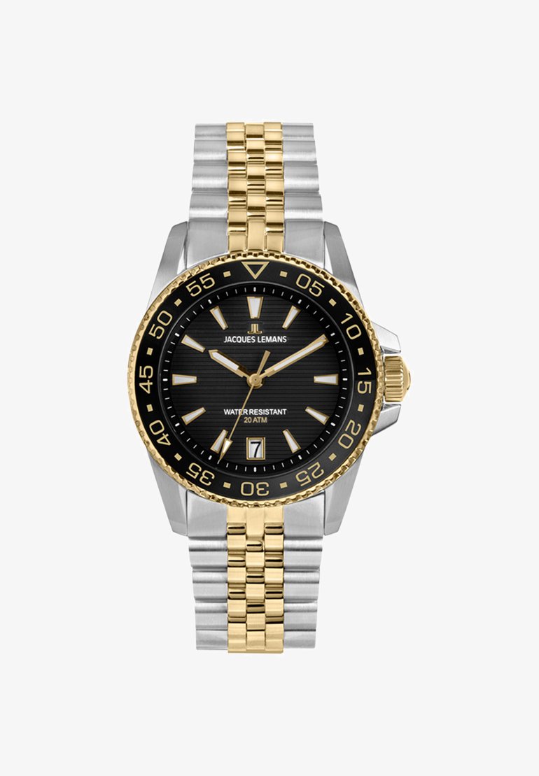 Orologio in acciaio inossidabile con dettagli placcati in oro, quadrante nero, resistente all'acqua fino a 20 ATM, con finestra per la data e grandi indici delle ore.