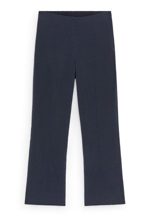 Tamnoplave ravne hlače s glatkim strukom bez vidljivih zatvarača ili džepova, ravno položene na bijeloj pozadini.