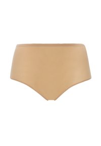Culotte beiger a vita alta realizzata in tessuto morbido, con un design senza cuciture e bordi delicati per il massimo comfort. Nessuna cucitura o motivo visibile.