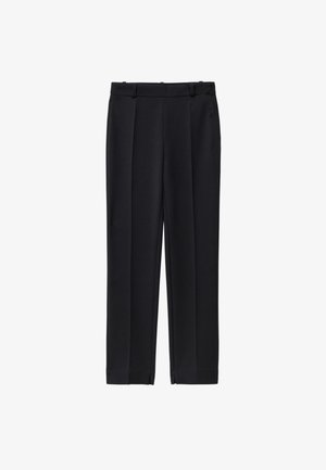 Black tailored trousers made of smooth fabric, featuring a straight leg design, two front pleats, and a zip fly with button closure.