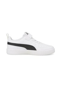Sneaker bianche con una striscia laterale nera, realizzate in materiale sintetico, dotate di una fascia a strappo e una suola testurizzata.