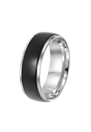 Black ring with a smooth leather-like band and shiny silver metal edges, featuring a thick, rounded design for a modern appearance.