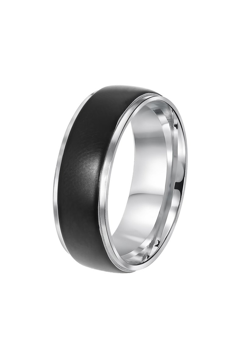 Zwarte ring met een gladde lerenachtige band en glanzende zilveren randen, met een dikke, afgeronde vorm voor een moderne uitstraling.