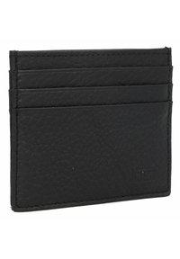 Porte-cartes en cuir noir avec une finition texturée, quatre emplacements pour cartes et un logo en relief. Design compact et rectangulaire avec des bords cousus.