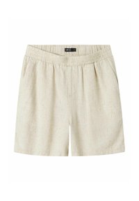 Beiga linne shorts med elastisk midja, som har två sidofickor och en avslappnad passform. Slät struktur, minimalistisk design.
