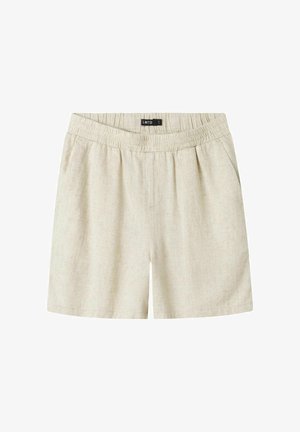 Pantaloni shorts in lino beige con vita elastica, dotati di due tasche laterali e di una vestibilità rilassata. Texture liscia, design minimal.
