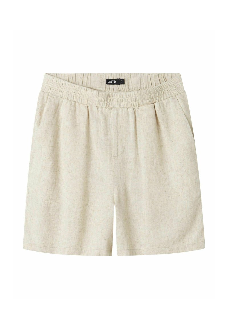 Beiga linne shorts med elastisk midja, som har två sidofickor och en avslappnad passform. Slät struktur, minimalistisk design.