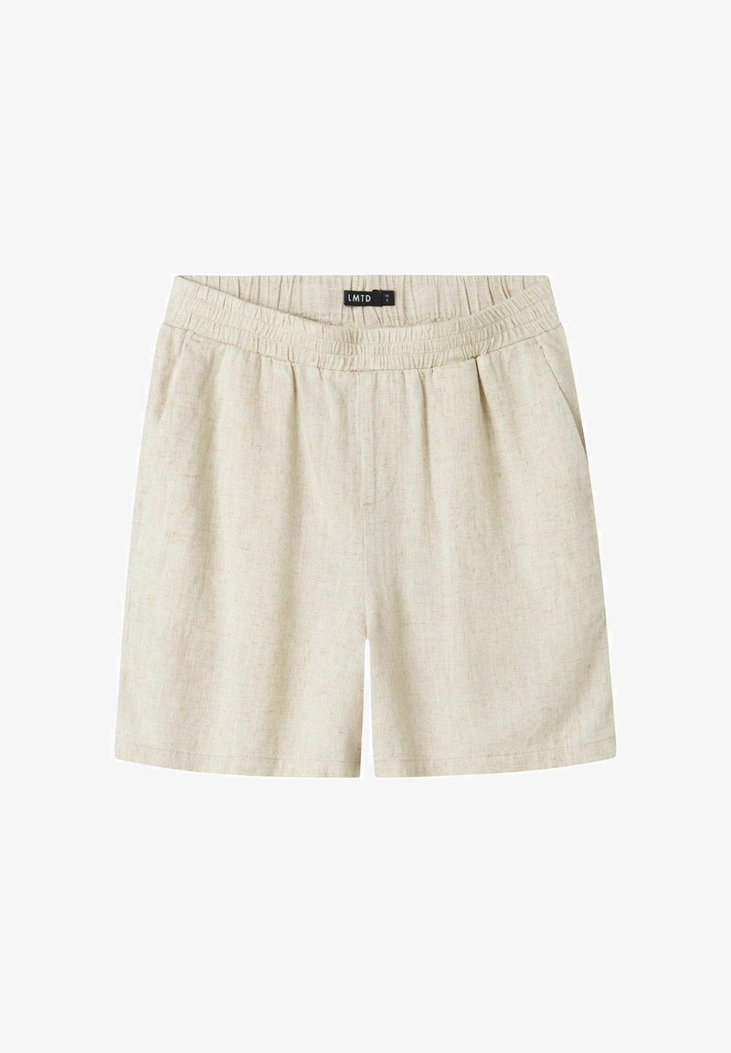 Shorts en lin beige avec une taille élastique, comprenant deux poches latérales et une coupe décontractée. Texture lisse, détails de design minimalistes.