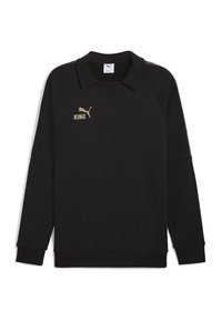 Sweat-shirt noir avec col polo, logo doré "KING" et marque Puma. Doté de manches raglan et de finitions côtelées aux poignets et à l'ourlet. Texture lisse.