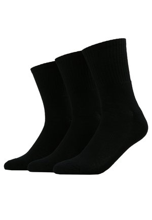Schwarze Baumwollsocken im dreierv-Pack. Rippbund, verstärkte Ferse und Zehen, glatte Textur, einheitliche Farbe und keine sichtbaren Muster.