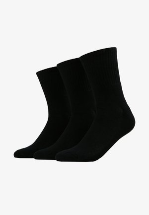 Černé bavlněné crew ponožky v balení po třech. Hladký lem, zpevněná pata a špička, jemná textura, jednotná barva a žádné viditelné vzory.