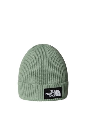 Berretto lavorato a maglia verde menta con trama a coste e risvolto. Presenta una patch rettangolare nera con dettagli del logo bianchi.