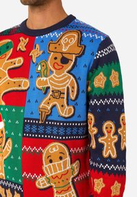 Kootud kampsun, millel on pidulikud piparkoogimehe mustrid punases, sinises, rohelises ja tumesinis, koos piraadi- ja pühadeteemaliste aktsentidega.