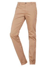 Béžové bavlněné chinos kalhoty s úzkým střihem, jedním předním knoflíkem, zipem na rozepínání a dvěma bočními kapsami, s hladkou texturou a minimalistickým designem.