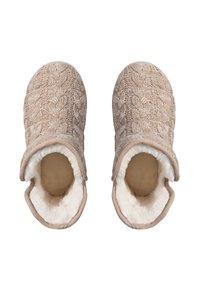 Zapatillas de lana marrones con un patrón de trenzado, que cuentan con un suave forro de piel sintética color crema y un diseño de punta redondeada.