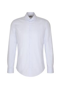 Lange mouw button-up shirt in lichtblauw met een subtiel streeppatroon, voorzien van een puntige kraag en afgeronde zoom.
