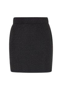 Gonna nera con un design aderente, texture liscia e sottili fili metallici intrecciati. Presenta una vita alta e una lunghezza sopra il ginocchio.