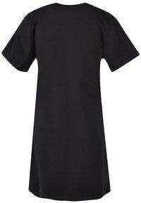 Schwarzes T-Shirt-Kleid aus Baumwolle, mit kurzen Ärmeln und einem entspannten, lockeren Schnitt, einfarbig ohne sichtbare Muster oder Akzente.