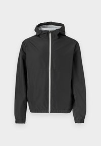 Μαύρο αδιάβροχο τζάκετ με κουκούλα, διαθέτει φερμουάρ μπροστά και ελαστικά τελειώματα στα μανίκια. Λείο ύφασμα και ελαφρύ υλικό.