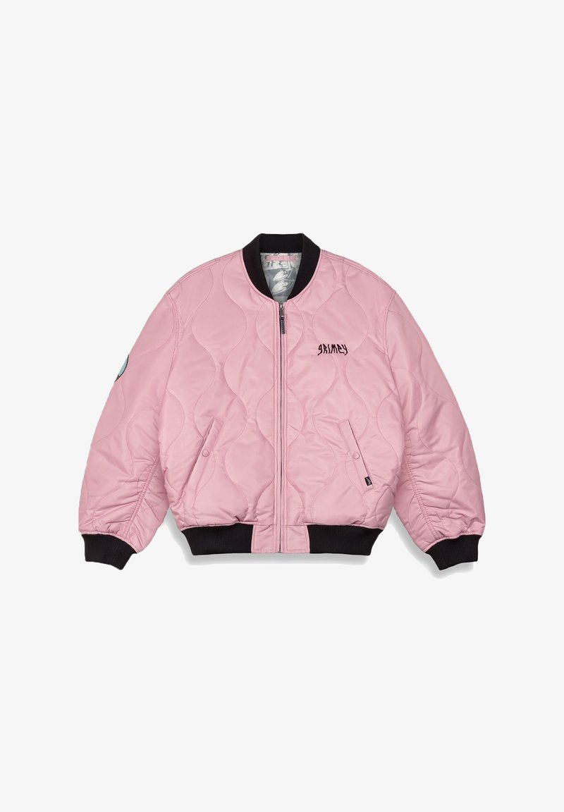 Chaqueta bomber acolchada de color rosa con puños y cuello de canalé negros, cierre frontal de cremallera y pequeño logo bordado en el pecho.